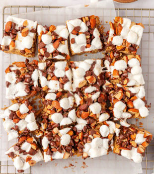 overhead view of peanut butter rocky road bars on a wire rack