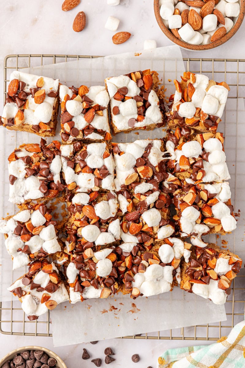 overhead view of peanut butter rocky road bars on a wire rack