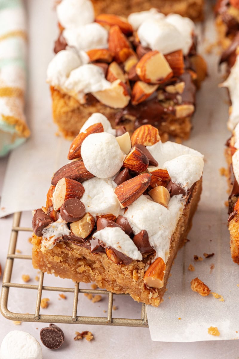 a peanut butter rocky road bar on a wire rack