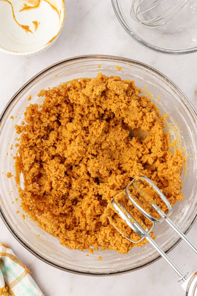 overhead view of peanut butter cookie dough in a mixing bowl