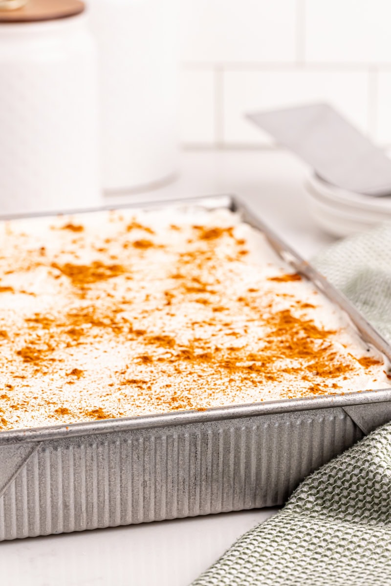 tres leches cake in a baking pan