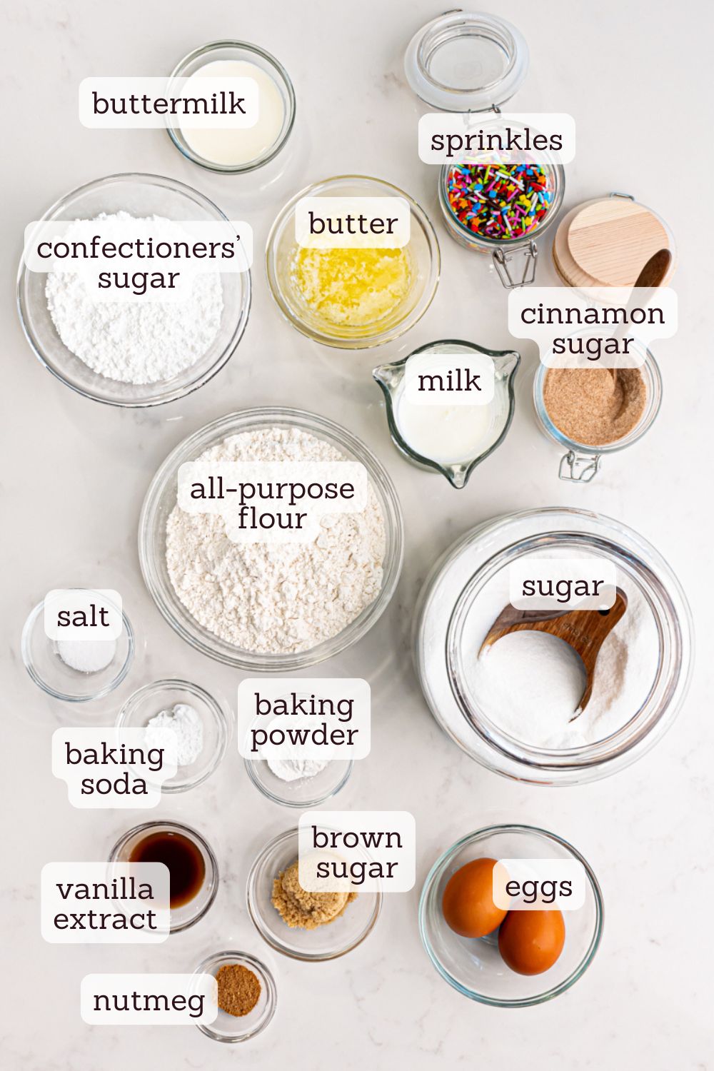 overhead view of ingredients for baked doughnuts