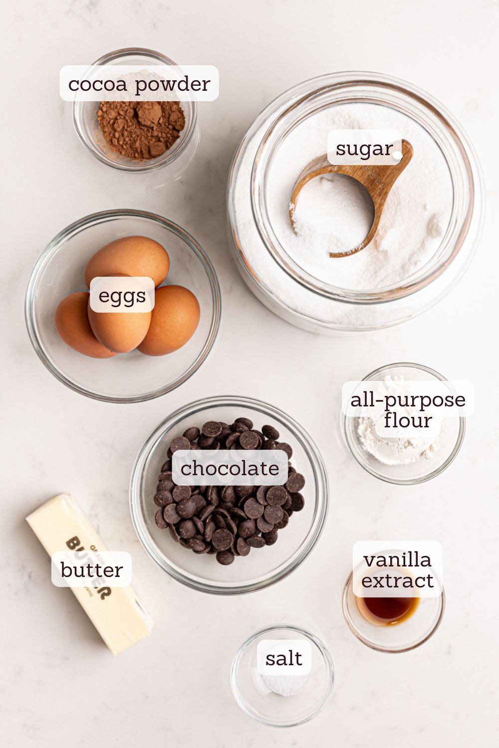 overhead view of ingredients for chocolate lava cake