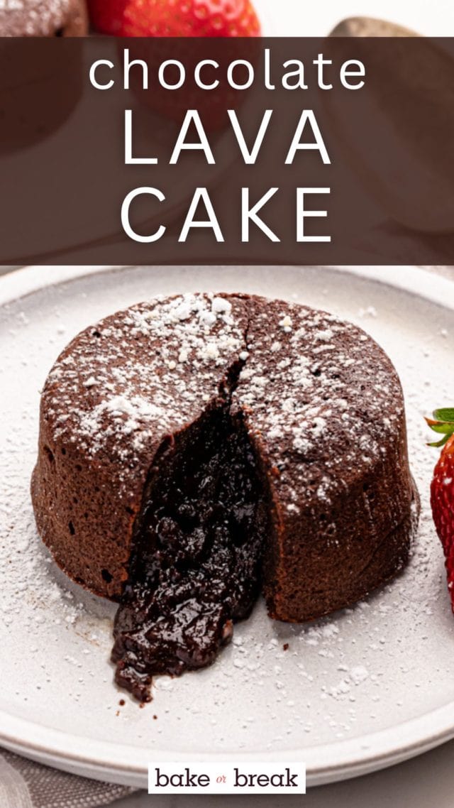 a chocolate lava cake on a white plate with a bite missing to show the molten center; text overlay "chocolate lava cake"