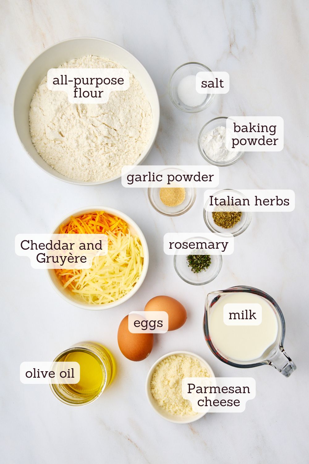 overhead view of ingredients for herb and cheese quick bread