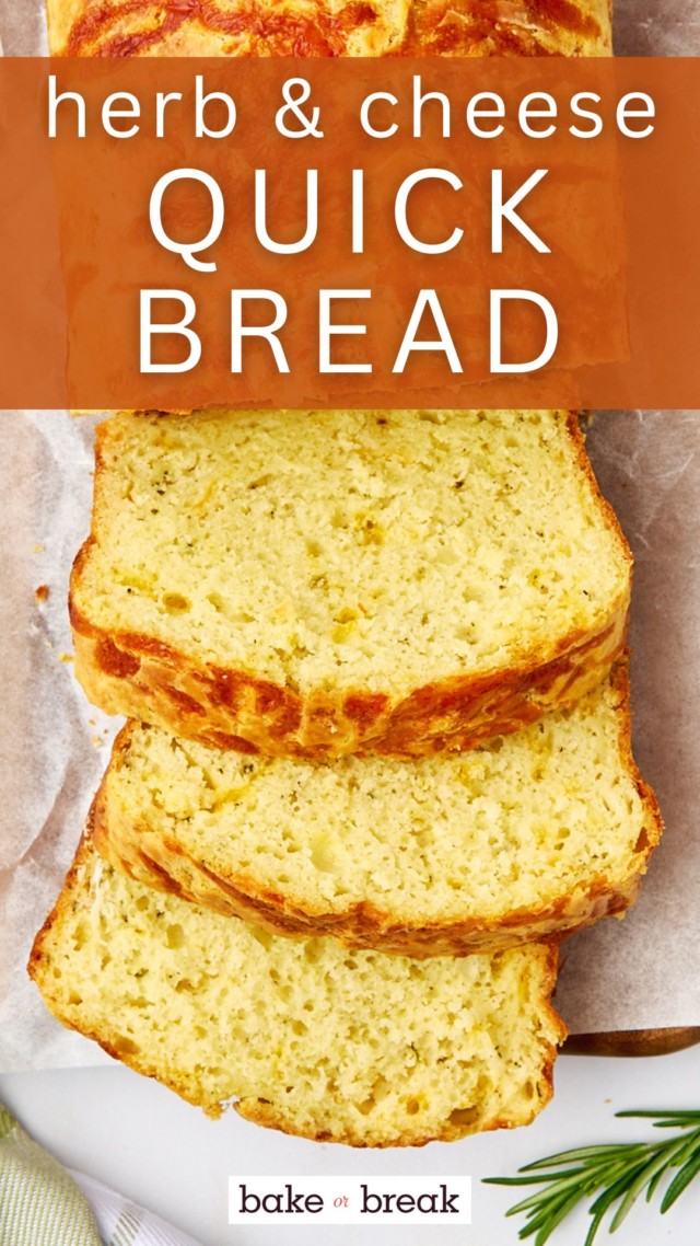 overhead view of slices of herb and cheese quick bread on parchment paper; text overlay "herb & cheese quick bread"