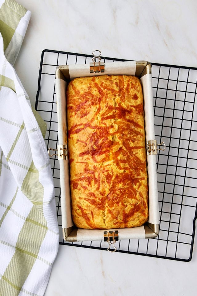 overhead view of freshly baked herb and cheese quick bread