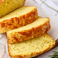 sliced herb and cheese quick bread on parchment paper