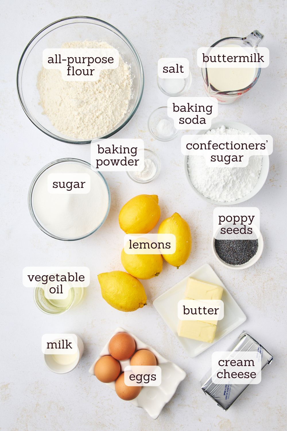 overhead view of ingredients for lemon poppy seed cake