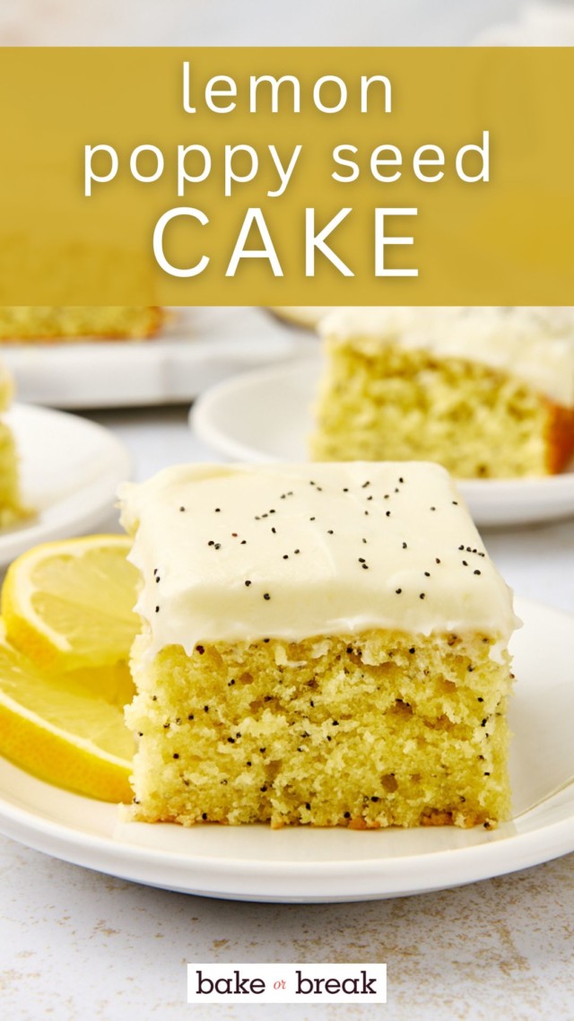 a slice of lemon poppy seed cake on a white plate with two lemon slices