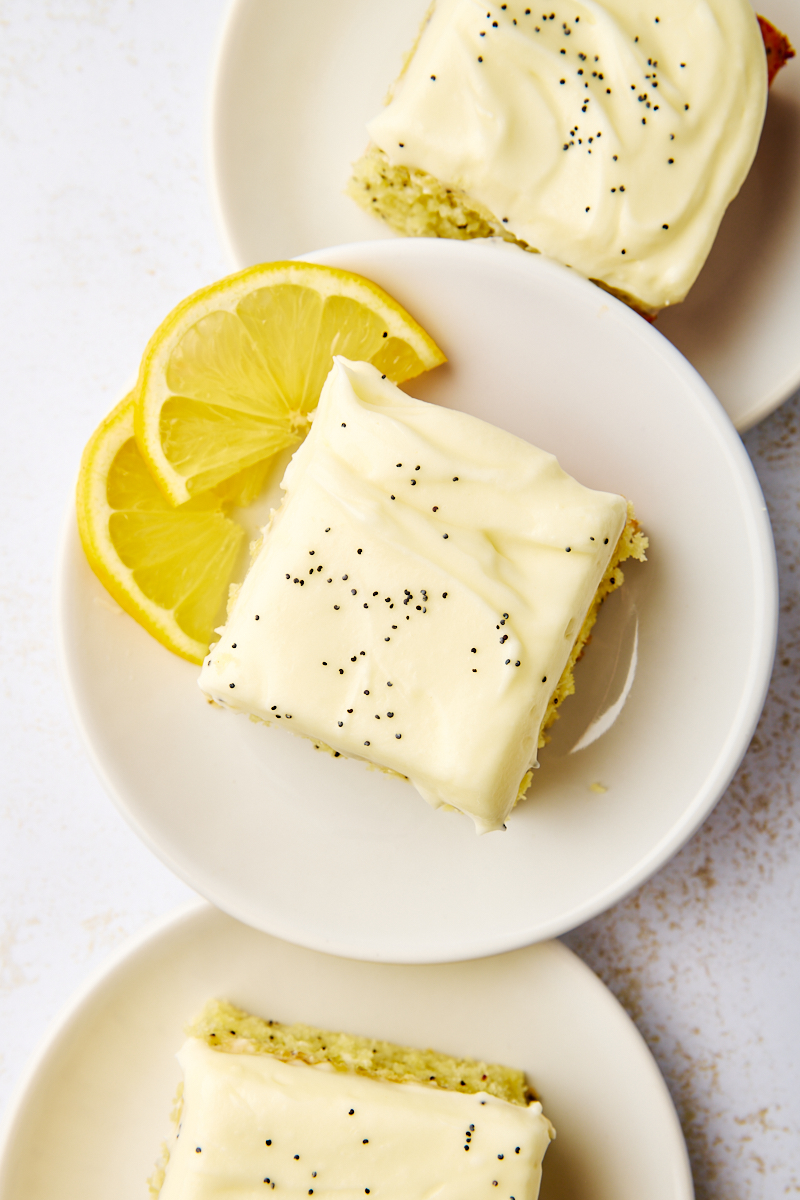 overhead view of lemon poppy seed cake on a white plate with two lemon slices