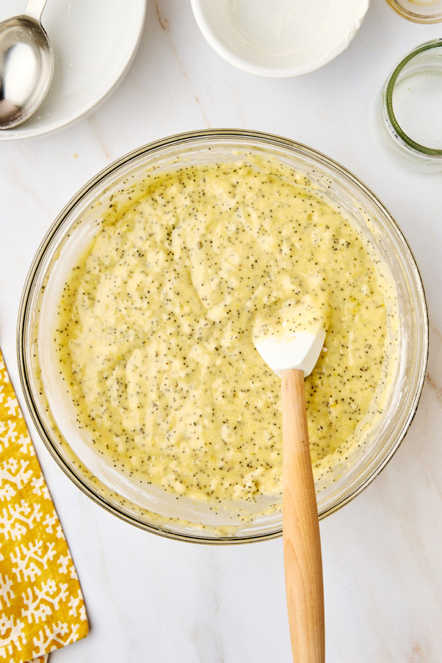 overhead view of lemon poppy seed loaf batter in a mixing bowl