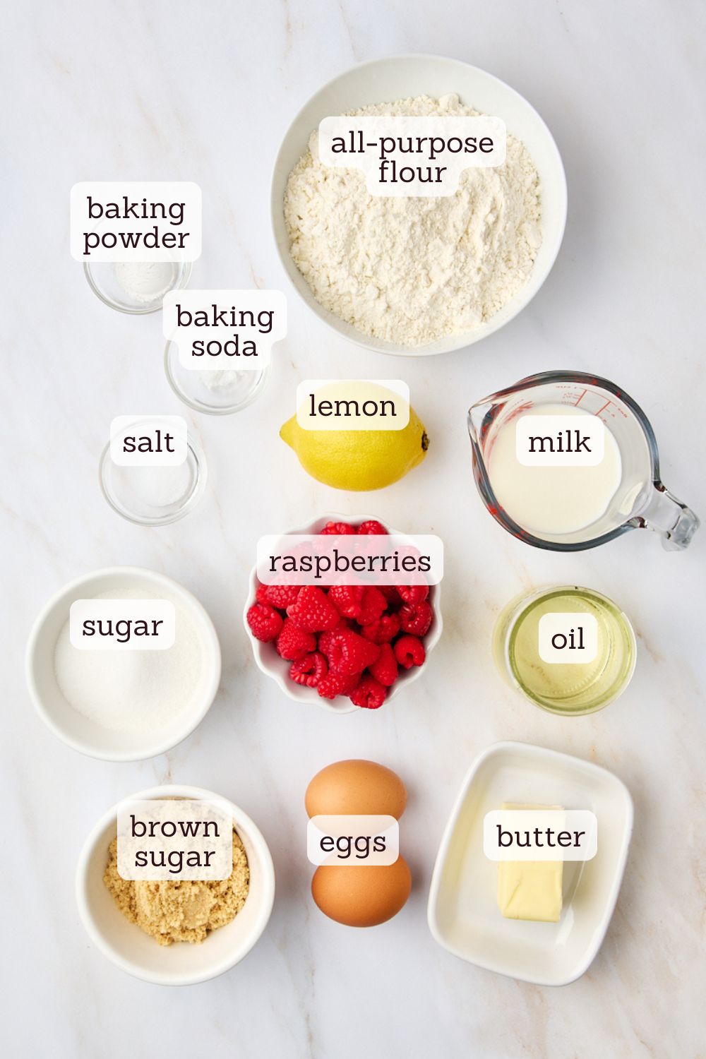 overhead view of ingredients for lemon raspberry muffins