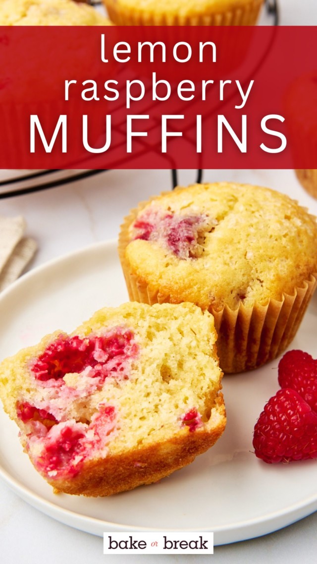 half of a lemon raspberry muffin along with another muffin on a white plate; text overlay "lemon raspberry muffins"