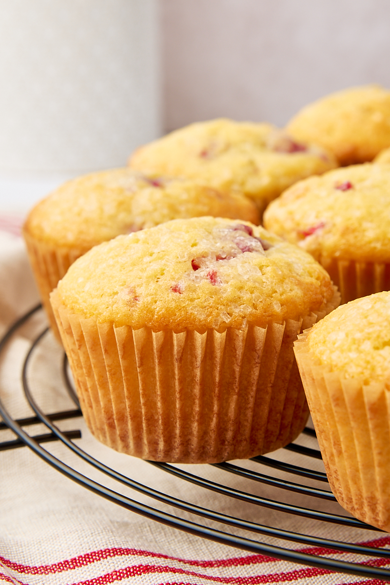 lemon raspberry muffins on a wire cooling rack