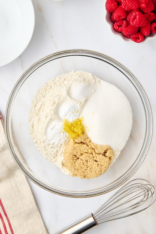 overhead view of dry ingredients in a mixing bowl