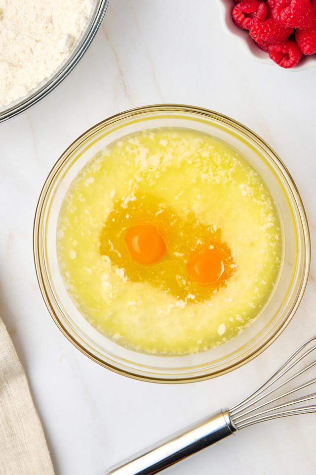 overhead view of wet ingredients in a mixing bowl