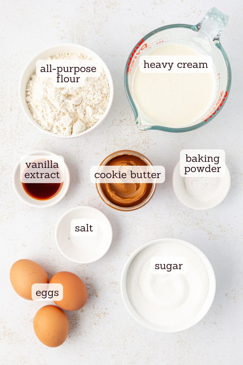 overhead view of ingredients for marbled cookie butter cake