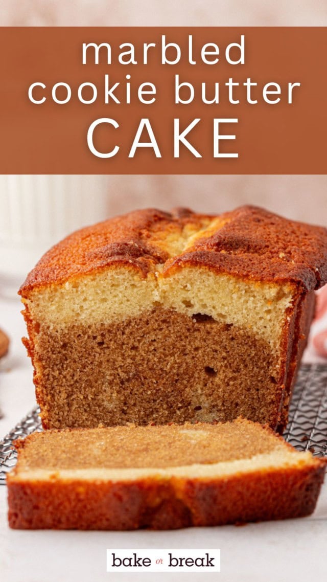 partially sliced marbled cookie butter cake; text overlay "marbled cookie butter cake"