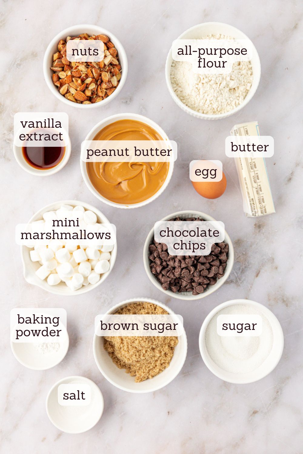 overhead view of ingredients for peanut butter rocky road bars