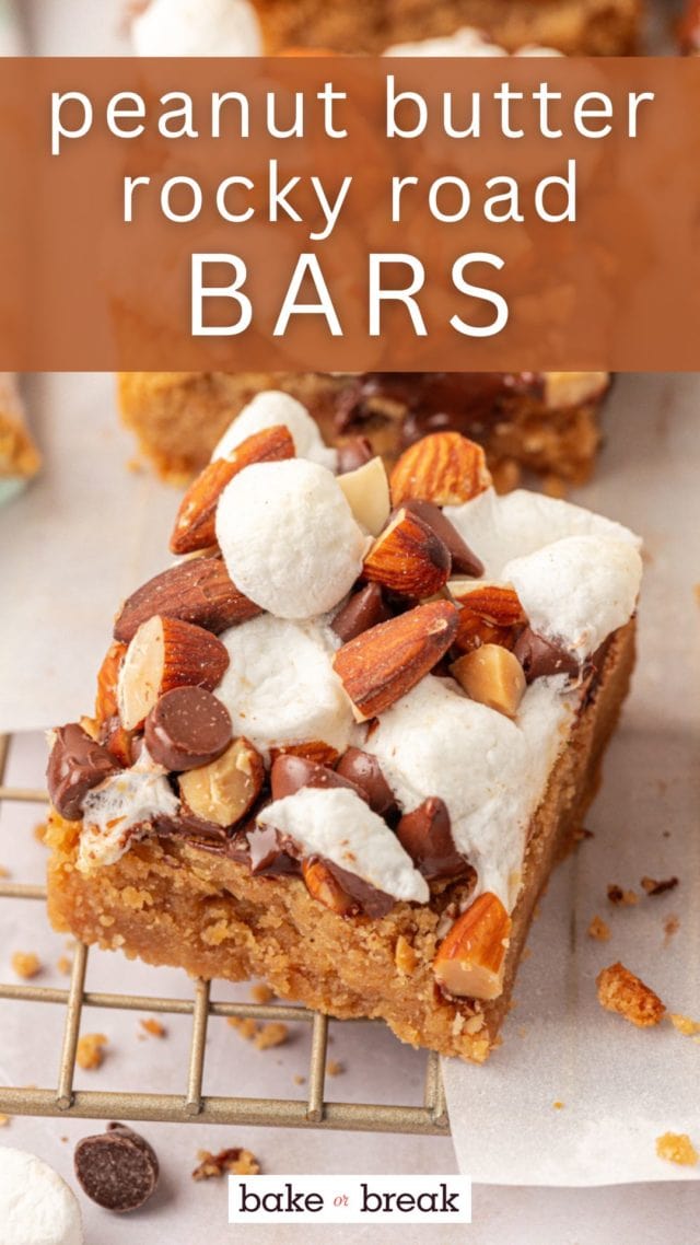 a peanut butter rocky road bar on a wire rack; text overlay "peanut butter rocky road bars"