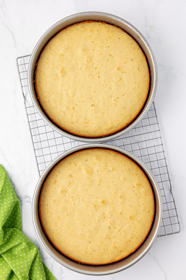 overhead view of freshly baked citrus cake layers in cake pans on a wire rack