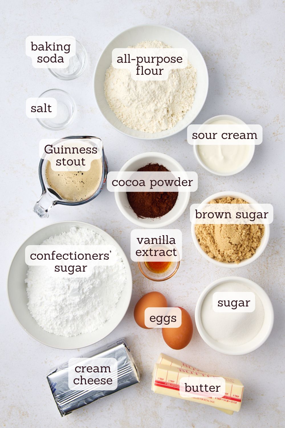 overhead view of ingredients for Guinness chocolate cake