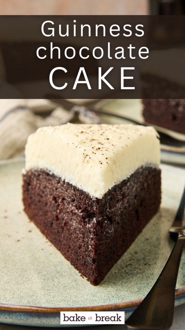 a slice of Guinness chocolate cake on a plate; text overlay 