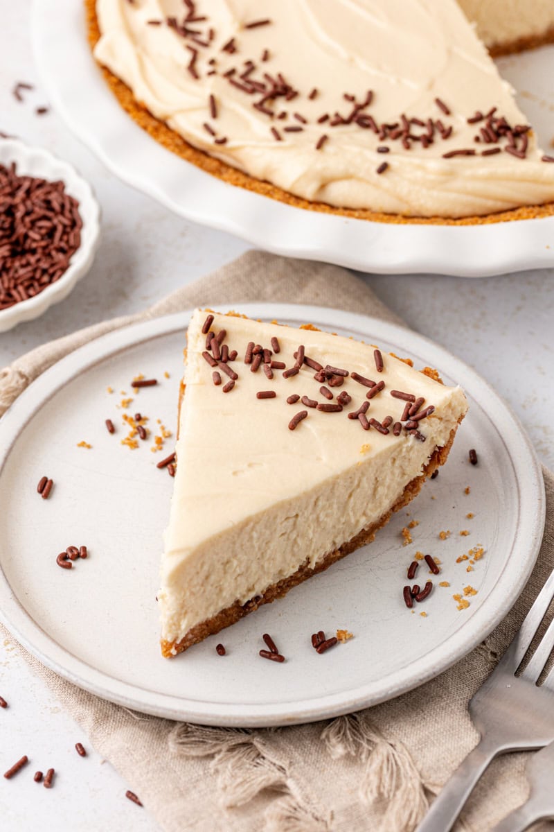 a slice of no-bake Bailey's cheesecake on a white plate with more cheesecake in the background