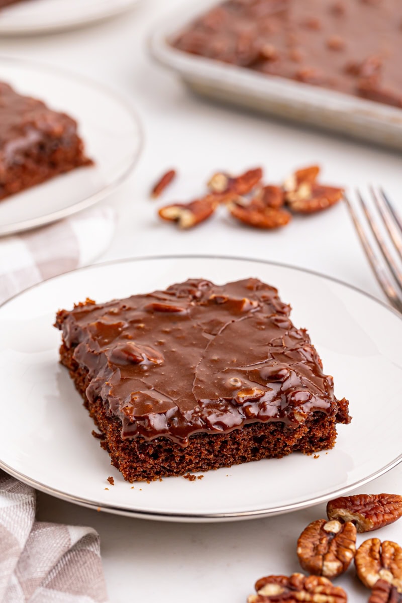 a slice of Texas sheet cake on a white plate with more cake in the background