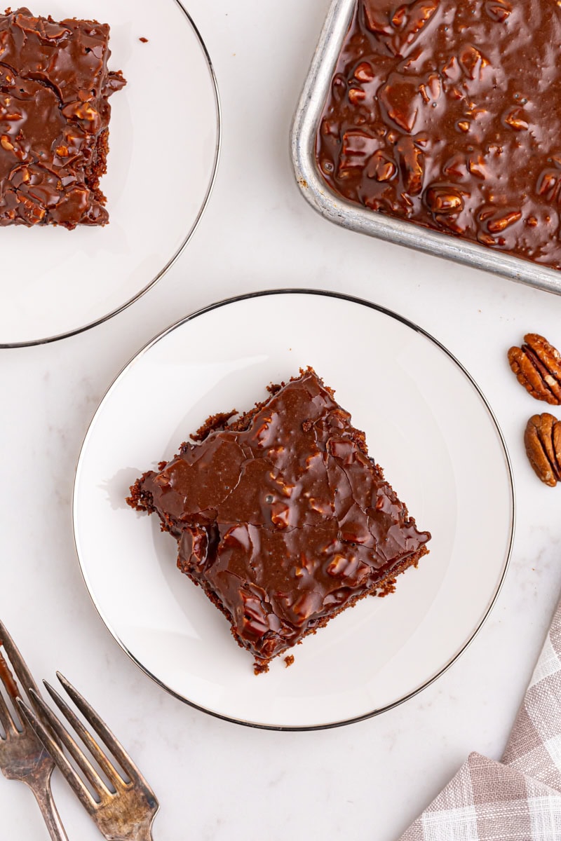 overhead view of a slice of Texas sheet cake on a white plate surrounded by more cake and two forks