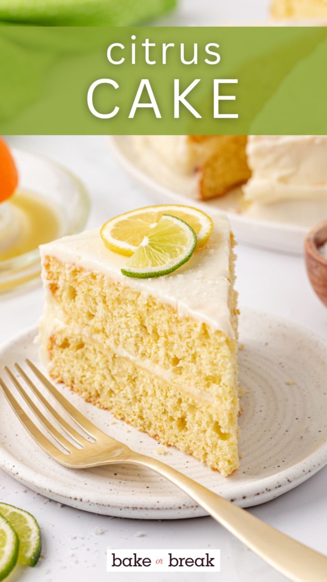 a slice of citrus cake with tequila lime frosting on a plate with a fork; text overlay "citrus cake"