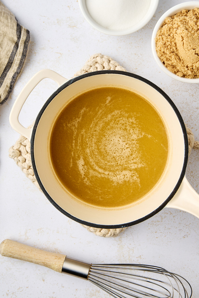 overhead view of melted butter and Guinness in a saucepan