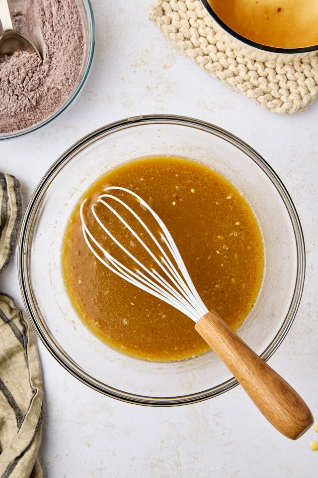 overhead view of wet ingredients combined for Guinness chocolate cake