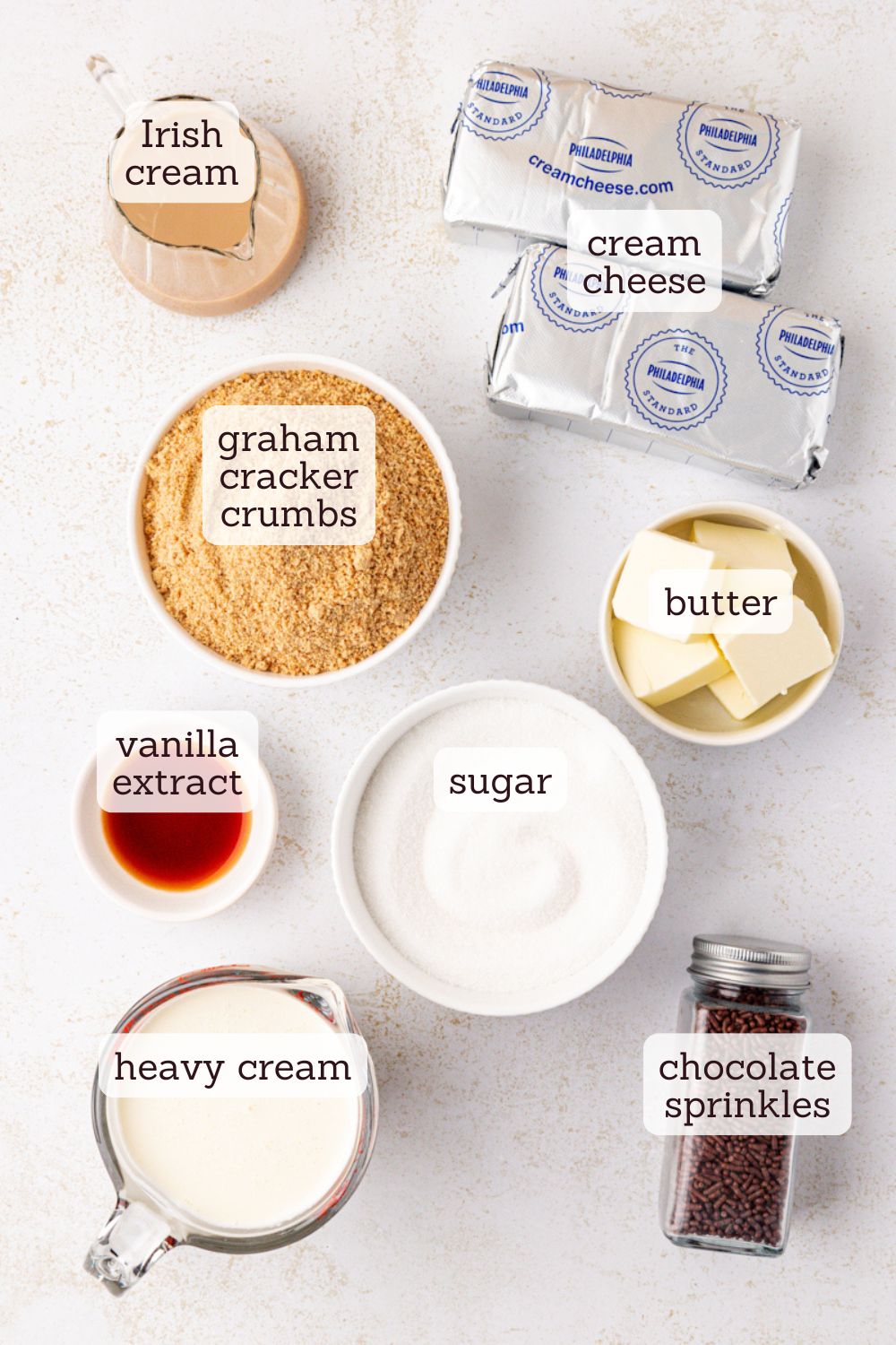 overhead view of ingredients for no-bake Bailey's cheesecake