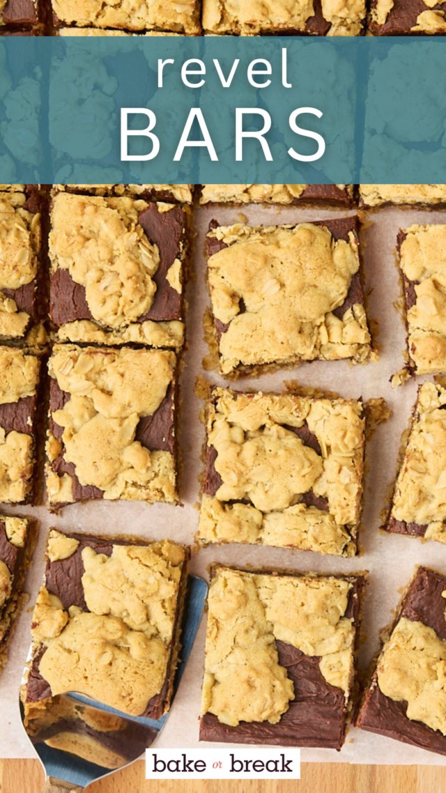 overhead view of revel bars on a cutting board; text overlay "revel bars"