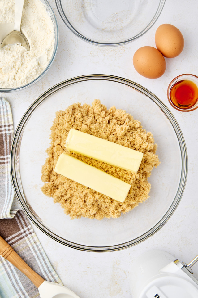 overhead view of butter and brown sugar in a mixing bowl