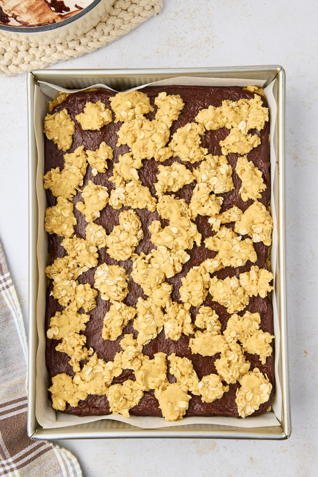 overhead view of assembled revel bars ready to go into the oven