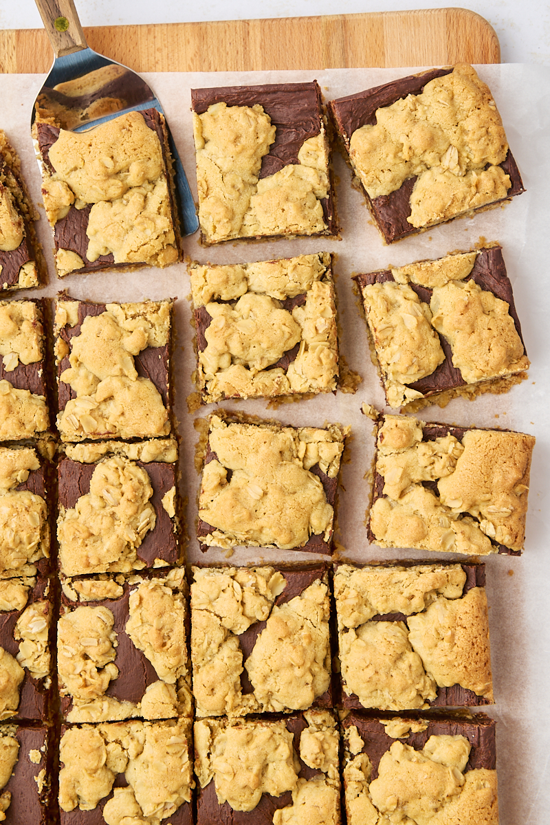 overhead view of sliced revel bars on a cutting board