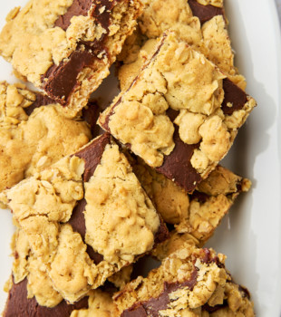 overhead view of revel bars on a white plate