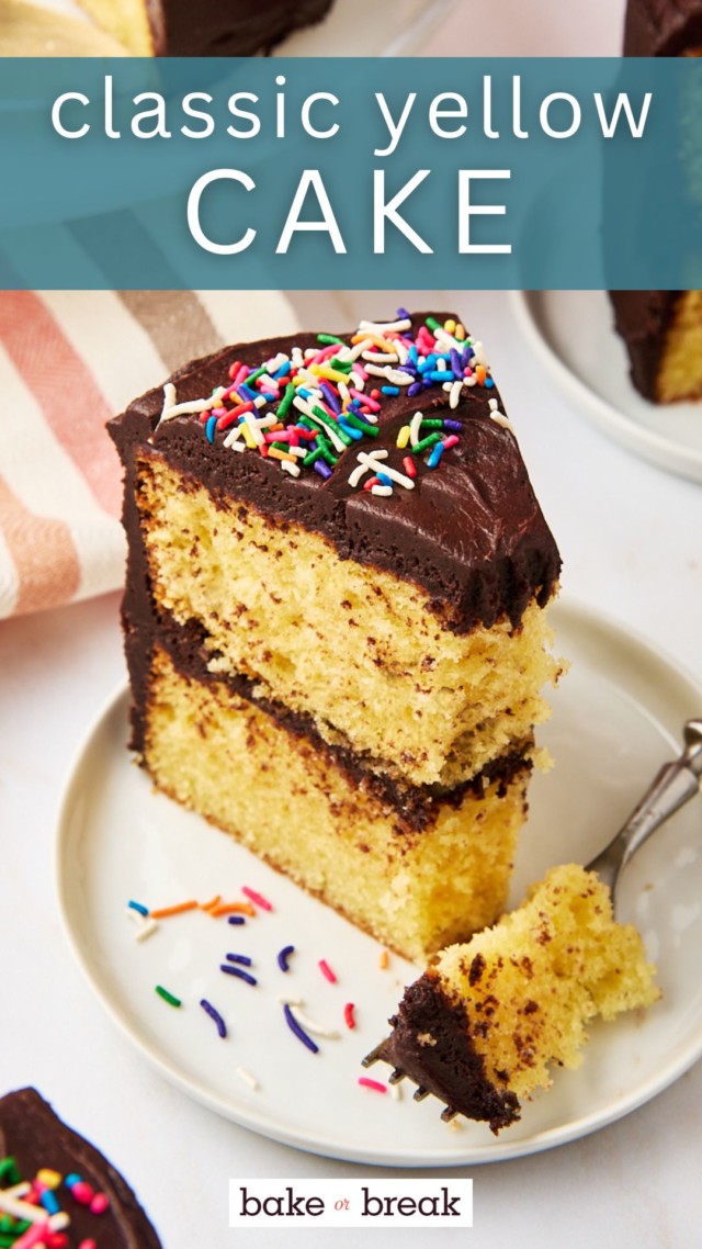 a slice of yellow cake with chocolate frosting on a white plate with a bite on a fork; text overlay 