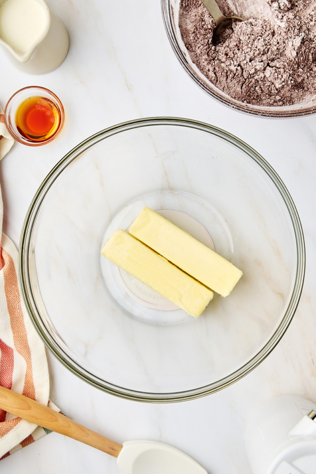 overhead view of butter in a mixing bowl