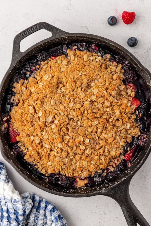 overhead view of freshly baked skillet berry crisp