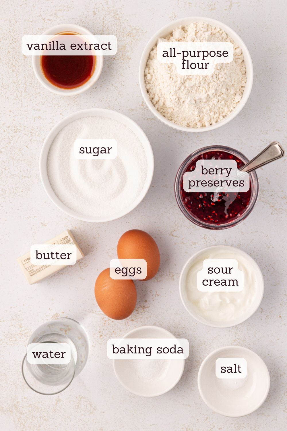 overhead view of ingredients for berry swirl pound cake