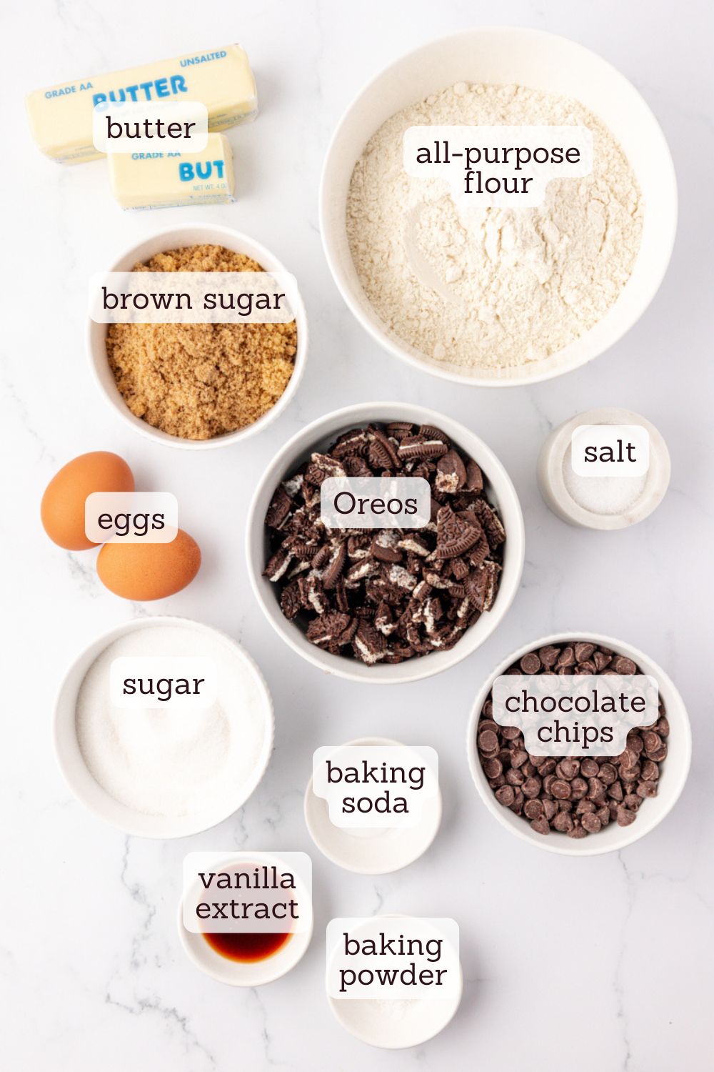overhead view of ingredients for Oreo chocolate chip cookie