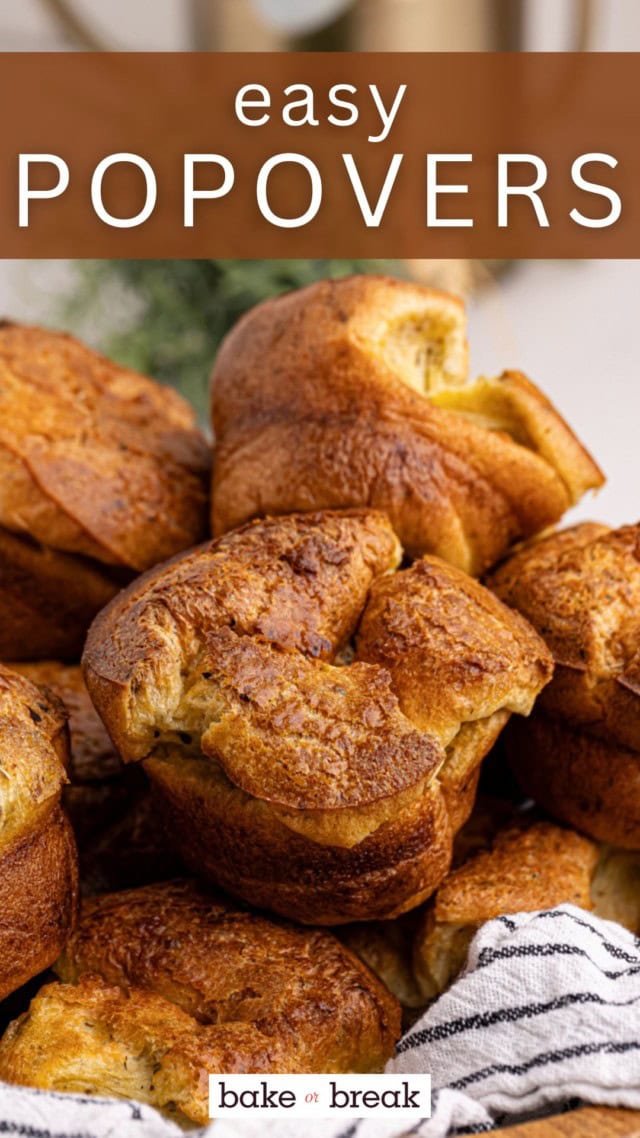 popovers in a towel-lined basket; text overlay "easy popovers"