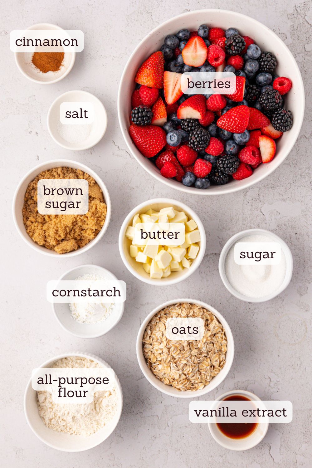 overhead view of ingredients for skillet berry crisp