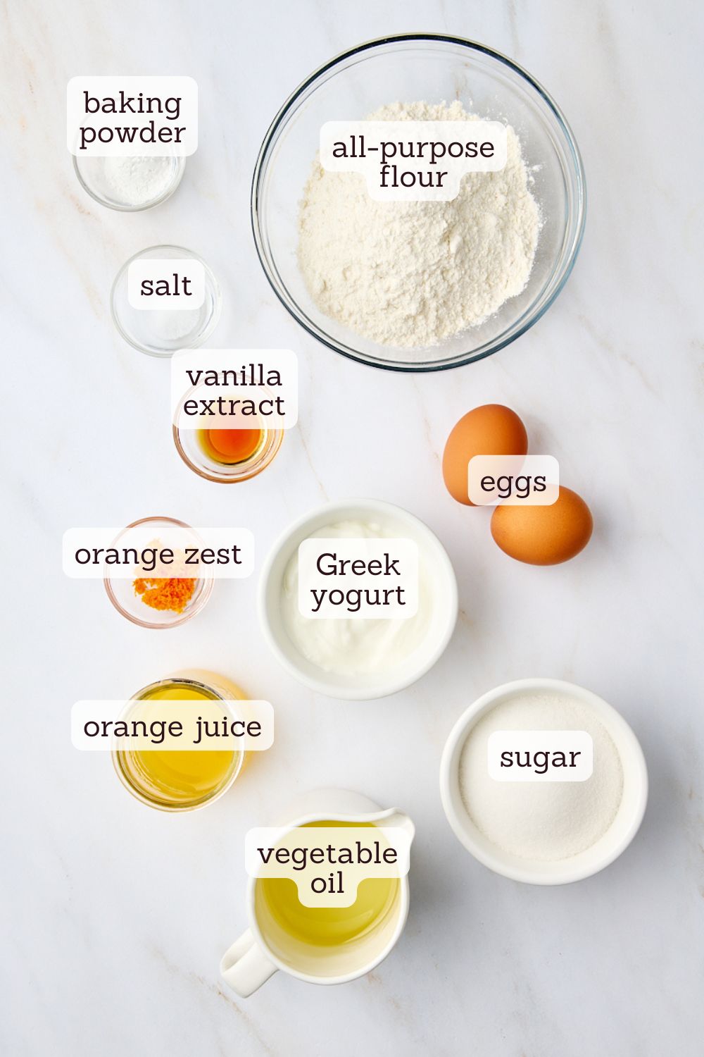 overhead view of ingredients for yogurt cake
