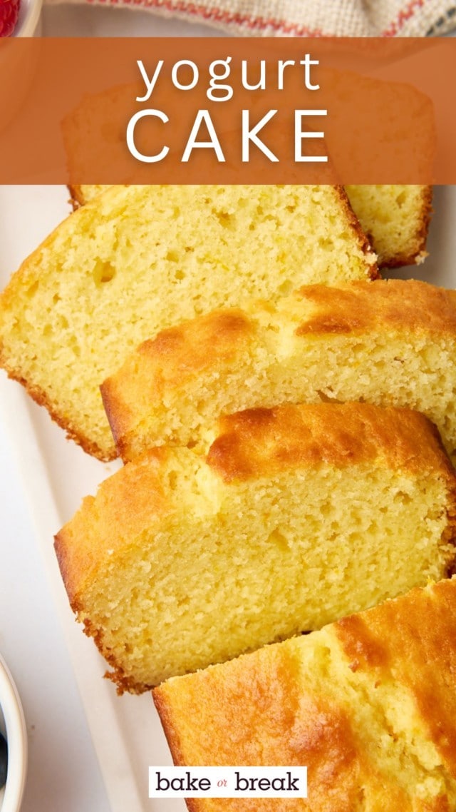 partially sliced yogurt cake on a white serving plate; text overlay "yogurt cake"
