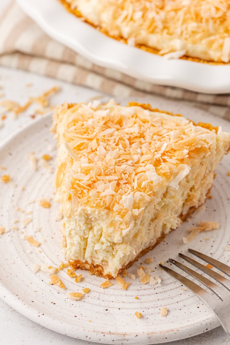 a slice of no-bake coconut cheesecake topped with toasted shredded coconut